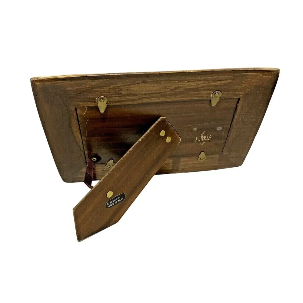 Unique double photo frame wood & stone two pictures standing table top holder